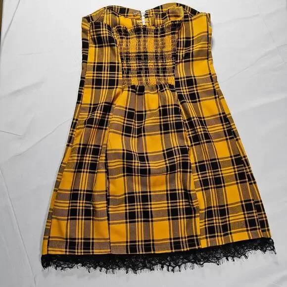 Social Tourist Yellow Plaid Strapless Mini Dress Womens S Smocked Back Lace Trim - Picture 5 of 5